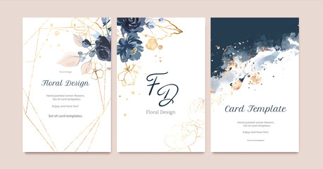 set of card with flower rose, leaves. wedding navy blue and gold concept. floral poster, invite. vec