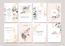 Set Of Card With Exotic Green, Gold Leaves And Flowers. Tropical Wedding Concept. Floral Poster, Invite With Flamingo. Vector Decorative Greeting Card Or Invitation Design Background