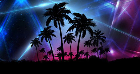 Wall Mural - space futuristic landscape. neon palm tree, tropical leaves.