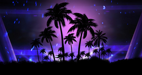 Wall Mural - space futuristic landscape. neon palm tree, tropical leaves.