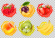 Set of fruit juice splash. Raspberry, plum, strawberry, banana, kiwi, peach, raspberry, Vector