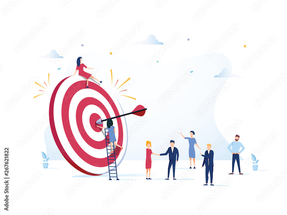 Business Vision, big target with people, teamwork, people run to their goal, move up motivation, target achievement - obrazy, fototapety, plakaty 