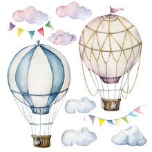 Watercolor Set With Hot Air Balloons And Garland. Hand Painted Sky Illustration With Aerostate, Clouds And Flags Isolated On White Background. For Design, Prints, Fabric Or Background.