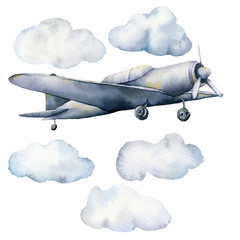 Watercolor set with clouds and airplane. Hand painted sky illustration with aircraft isolated on white background. For design, prints, fabric or background.