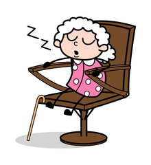 Sticker - Sleeping on Chair - Old Woman Cartoon Granny Vector Illustration