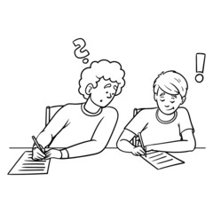 Wall Mural - Vector cartoon illustration of two guys sitting next to each other at a school test. one looks new-wise and writes with his neighbor. black white, outline, test, exam, isolated.