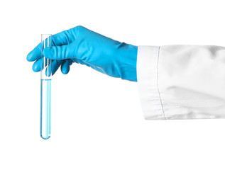scientist holding test tube with liquid on white background. chemical research