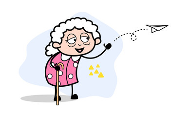 Sticker - Floating Paper Plane - Old Woman Cartoon Granny Vector Illustration