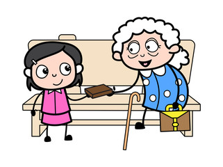 Sticker - Grandma Giving Item to Her Grand Daughter - Old Woman Cartoon Granny Vector Illustration