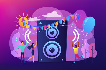 Wall Mural - Young tiny people listening to music and dancing in city park at summer party. Open air party, open air event, outdoor dance event concept. Bright vibrant violet vector isolated illustration