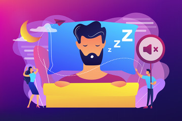 Sticker - Businessman sleeping in bed and snoring, angry awake tiny people listening. Night snoring, sleep apnea syndrome, snoring and apnea treatment concept. Bright vibrant violet vector isolated illustration