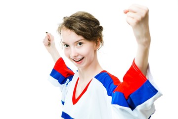 Wall Mural - Hockey fan in jersey in national color of Slovakia cheer, celebrating goal.