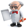 3d mad scientist character holding a notepad and pencil