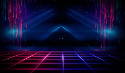 Wall Mural - Empty stage, neon lights, spotlights and rays. Dark background and neon light. Night view, urban background.