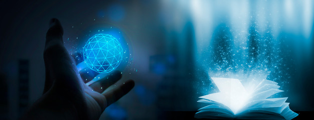 Wall Mural - Abstract blue background with neon lights. Polygonal ball shine in your hand and an open book with a magical light.
