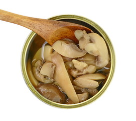 Wall Mural - Canned Mushroom Slices and Pieces in Can Isolated on White with a Clipping Path.