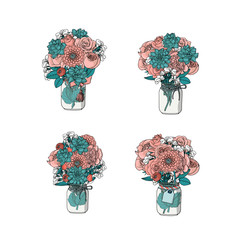 Wall Mural - Hand drawn doodle style bouquets of different flowers: succulent,peony,rose,dahlia,stock flower,sweet pea. isolated on white background. stock vector illustration