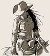 Woman with a cowboy hat. Cowboy girl riding horse with lasso. Hand drawn vector illustration. Illustration. Vector.