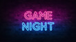 © Pavel - game night neon sign. purple and blue glow. neon text. Brick wall lit by neon lamps. Night lighting on the wall. 3d illustration. Trendy Design. light banner, bright advertisement