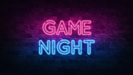game night neon sign. purple and blue glow. neon text. brick wall lit by neon lamps. night lighting 