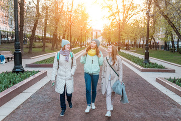 Wall Mural - Group of Friends Talking and walking in the Park at spring time