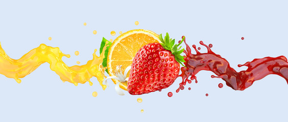 Healthy strawberry and orange fruit juices liquid swirls splashes. Fruits juice splashing together - orange, strawberry juice in two swirls form. Liquid drink design element. 3D render