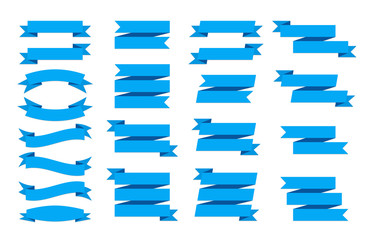 Wall Mural - Set of blue ribbons banners on white background. Flat templates and design elements for web banners and ribbons.