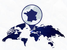 France Detailed Map Highlighted On Blue Rounded World Map.