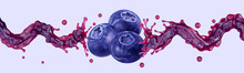 Fresh Blueberry Juice, Smoothie Or Jam Splash Wave With Blueberries. Tasty Berry Juice Splashing, Blueberry Juice Isolated. Liquid Super Food Fruit Diet Drink Label Design Element. 3D 