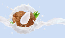 White Fresh Coconut Milk Wave Splash With Coconuts Isolated. Glossy Shining Milk, Healthy Coconut Milk, Cream, Shampoo, Cosmetic Soap Splash. Liquid Splash Label Ads Design Element. 3D