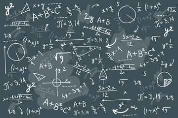 Wall Mural - Math chalkboard vector illustration. Physics solving equation board mess..