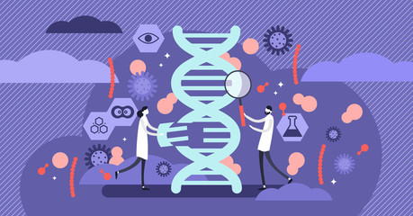 Genetics vector illustration. Flat tiny DNA biology research person concept