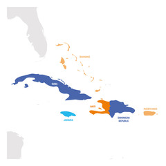 Wall Mural - Caribbean Region. Map of countries in Caribbean Sea in Central America. Vector illustration