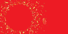 Golden Glitter Confetti On A Red Background. 