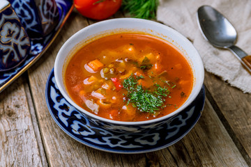 mastava Uzbek cuisine on wooden background