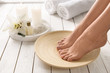 Closeup view of woman with beautiful feet ready for spa procedure indoors, space for text