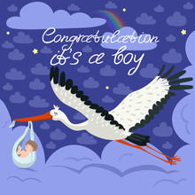 Stork Carrying A Cute Baby In A Bag. This Is A Boy Baby Boy Announcement Card Template. Vector Postcard