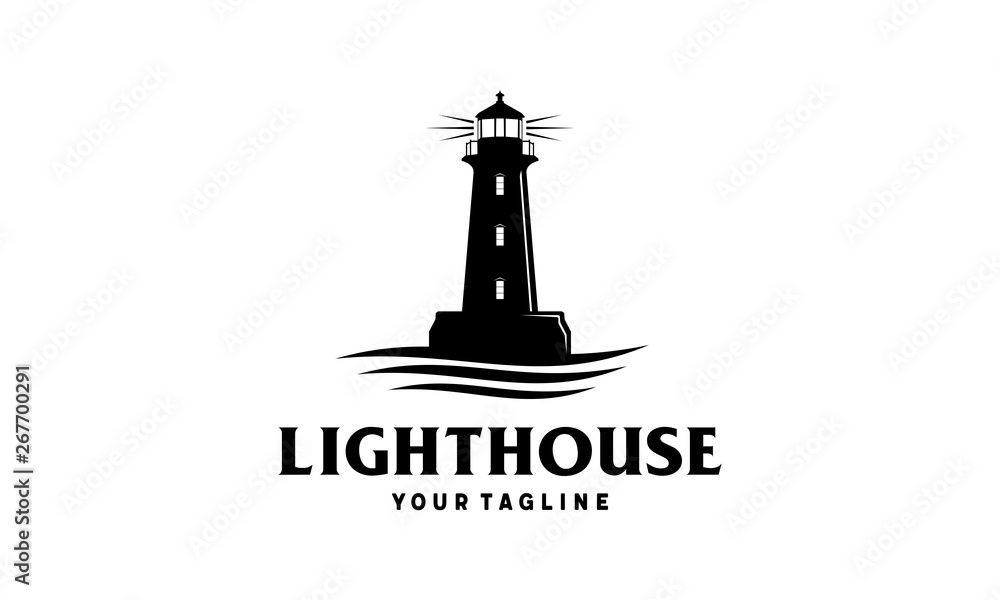Lighthouse with ocean vector logo design - obrazy, fototapety, plakaty 