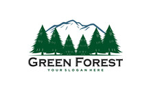 Green Forest Logo. Pine And Mountain Vector Illustration
