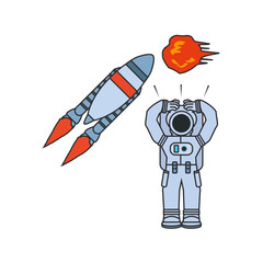 Sticker - astronaut suit with rocket and explosion isolated icon