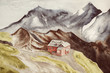 House on a hill among high mountains. Watercolor landscape with lonely house and mountains.