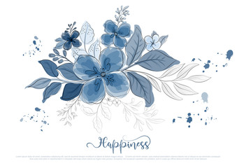 Hand drawn beautiful blue flowers blossom with black line