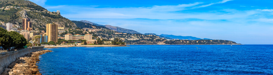 Wall Mural - Panorama of Monaco coastline and luxury residential apartment buildings in Monte Carlo Principality of Monaco