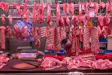 Fresh Pork And Meat On Butcher Shop At Wan Chi Market In Hong Kong Island