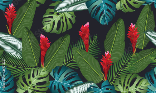 Fotomural Seamless pattern tropical leaves with ginger flower on black background