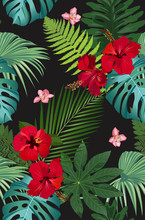 Seamless Vector Pattern Tropical Leaves With Red Hibiscus Flower And Pink Orchid On Black Background