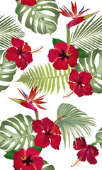 Seamless pattern tropical leaves with red hibiscus flower and bird of paradise on white background