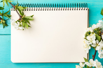 Wall Mural - Spring blossom cherry branches and notebook on blue wooden background.