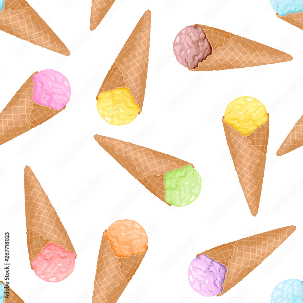 Ice cream seamless pattern. Сolor ice cream in waffle cone on white ...