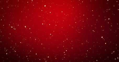 Golden confetti and stars on the red Christmas background. 3D render